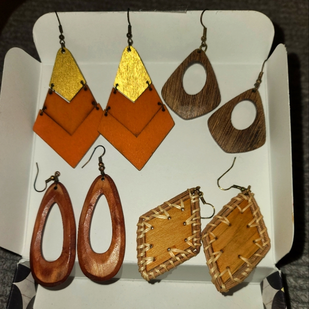 Plunder Geometric Wooden Earrings Set - Gold, Orange, Brown